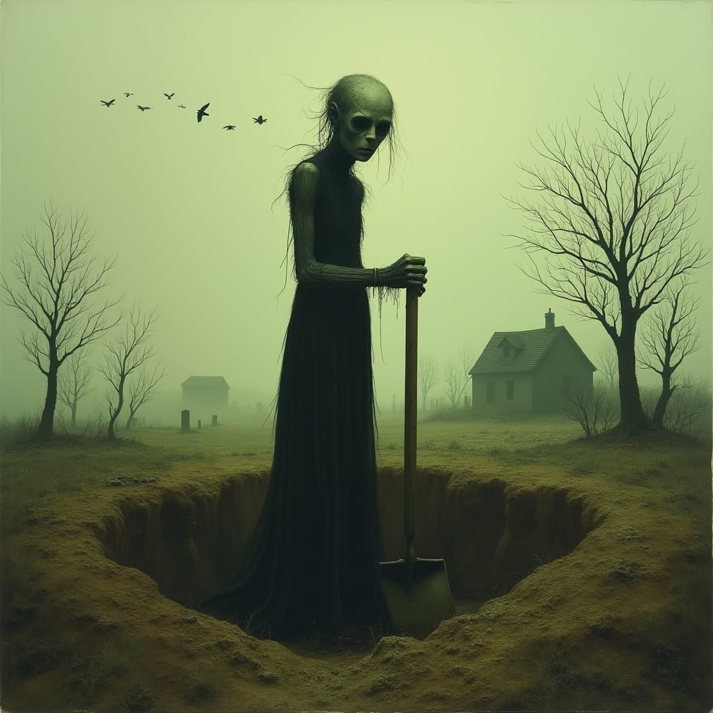 Eerie Figure in Graveyard Landscape, Surreal Horror Style