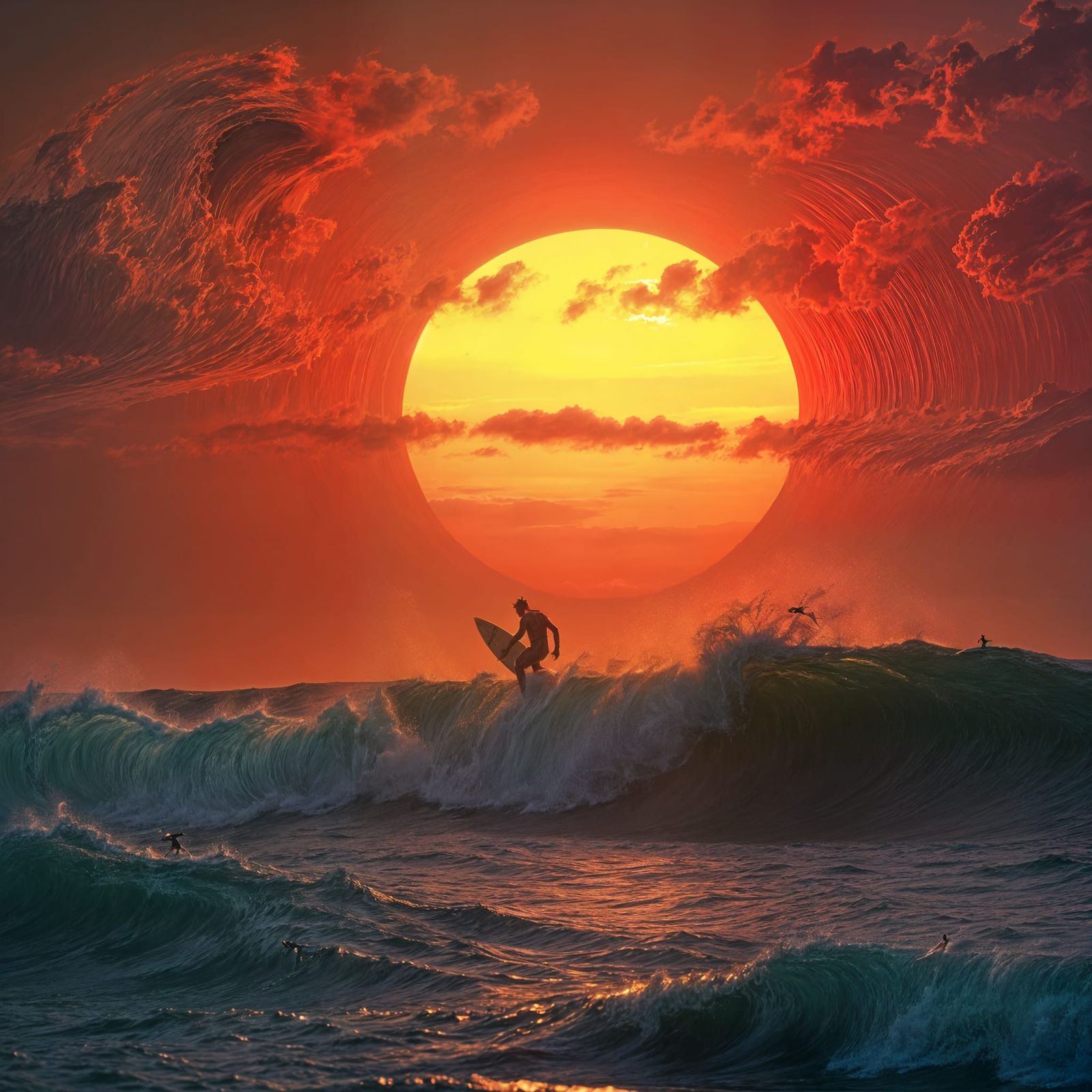 Surfer Rides Colossal Wave at Fiery Sunset