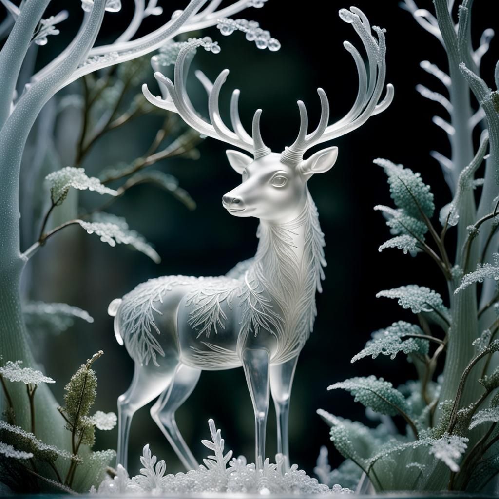 Art by René Lalique, a delicate crystal sculpture of a mythical forest, trees crafted from clear and colored crystals, i...