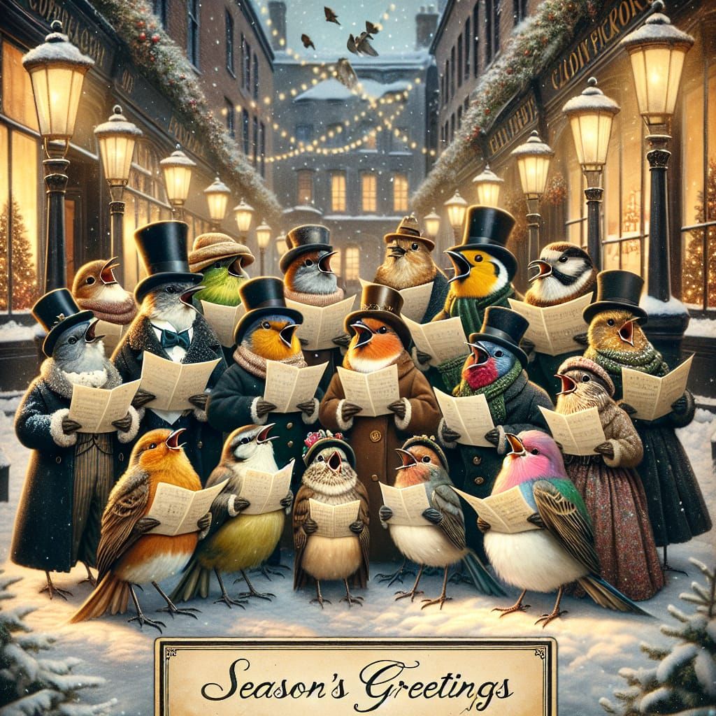 Victorian Birds Caroling: Vintage Holiday Postcard