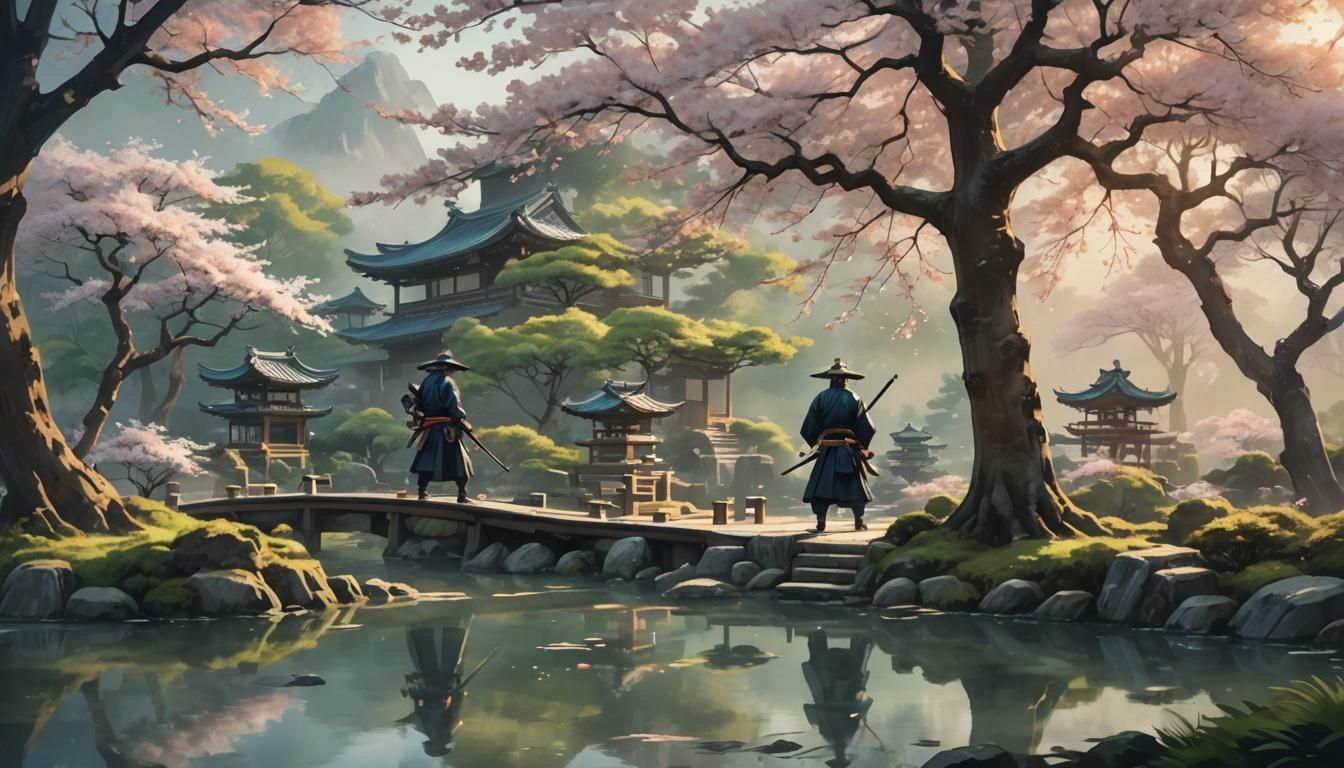 Samurai Training in Japanese Watercolor Garden