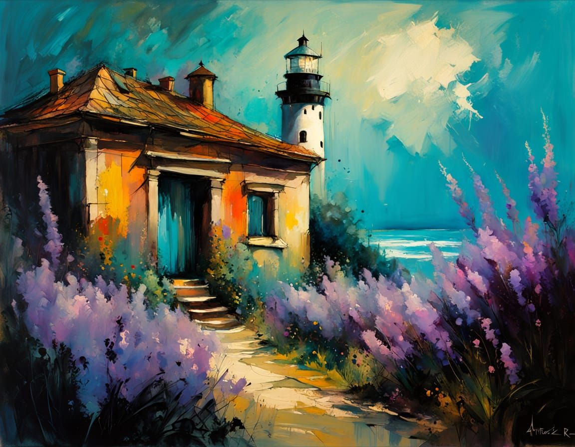Mediterranean Lighthouse House in Alcohol Ink Style