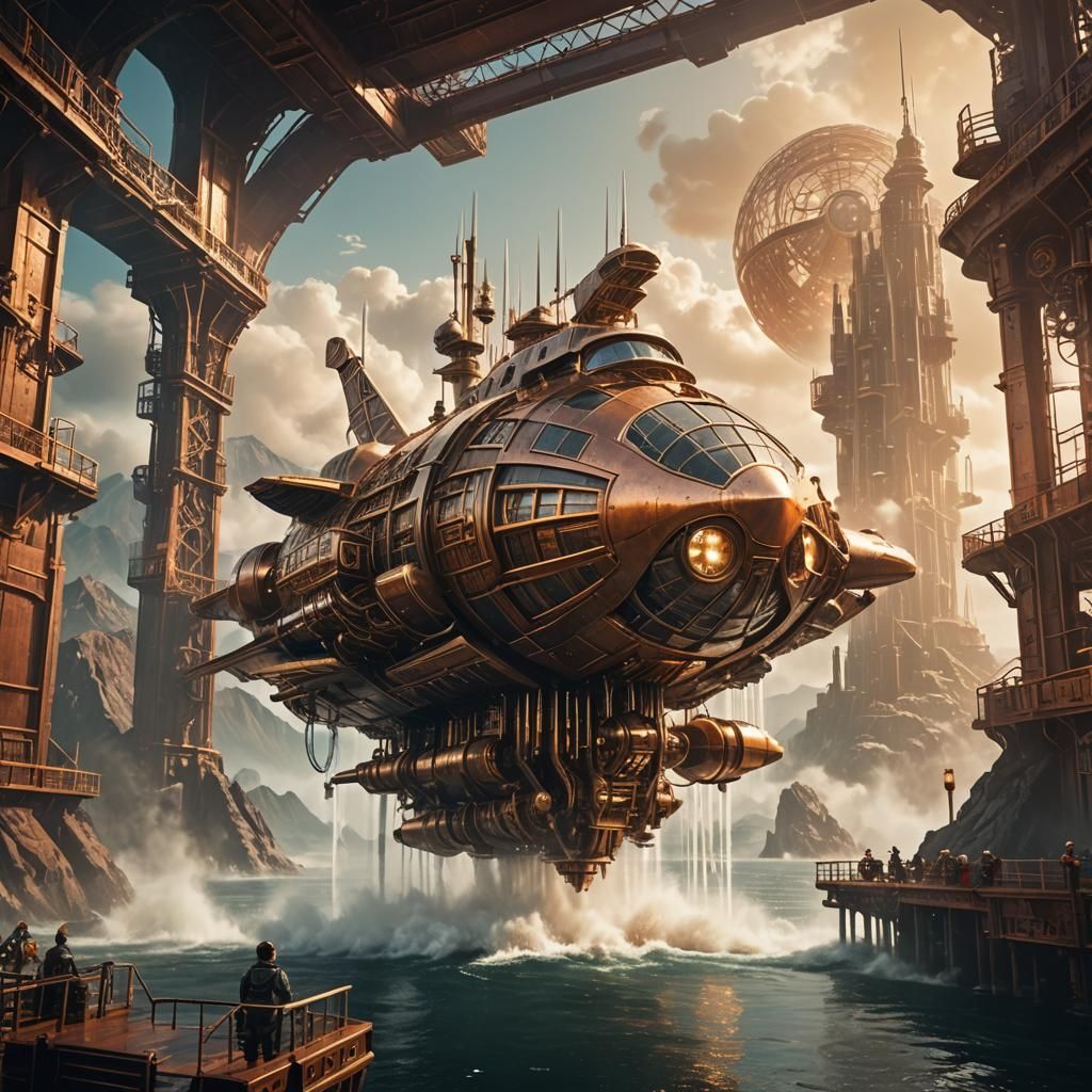 Steampunk Spaceship Rises from the Ocean
