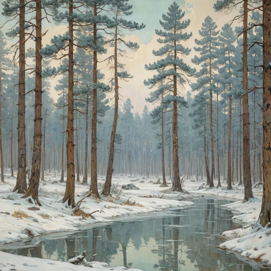 Winter Forest Landscape in Art Nouveau Style