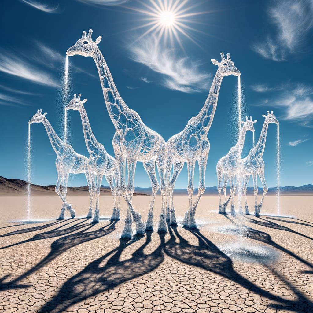 Giraffes made of water in the desert