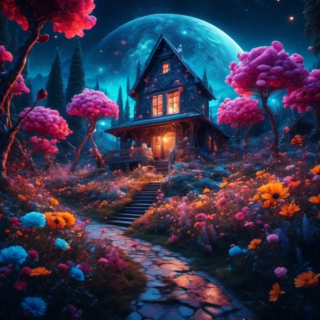 Colorful Galactic Garden in Whimsical Graffiti Art