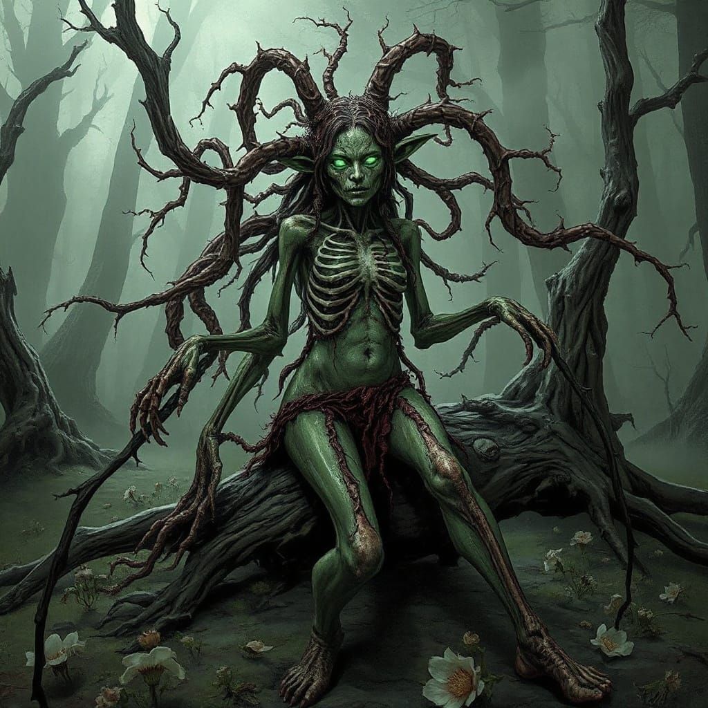 Macabre Plague Dryad in Dark Fantasy Forest