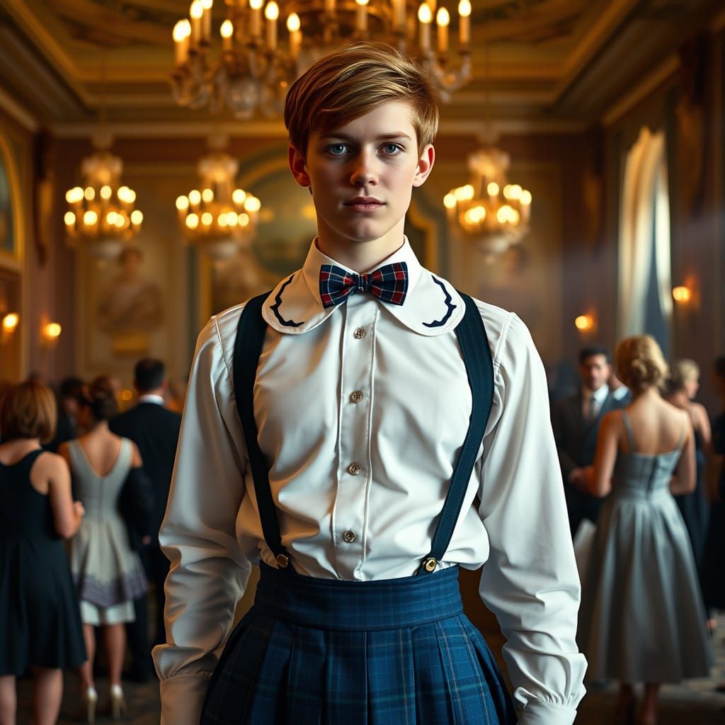 Steampunk Schoolboy Elegance in a Grand Ballroom