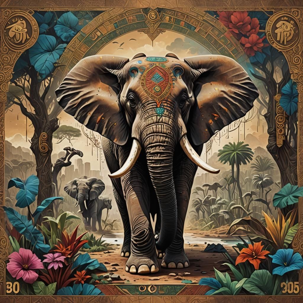 African Art Banknote Elephant: Detailed Matte Painting