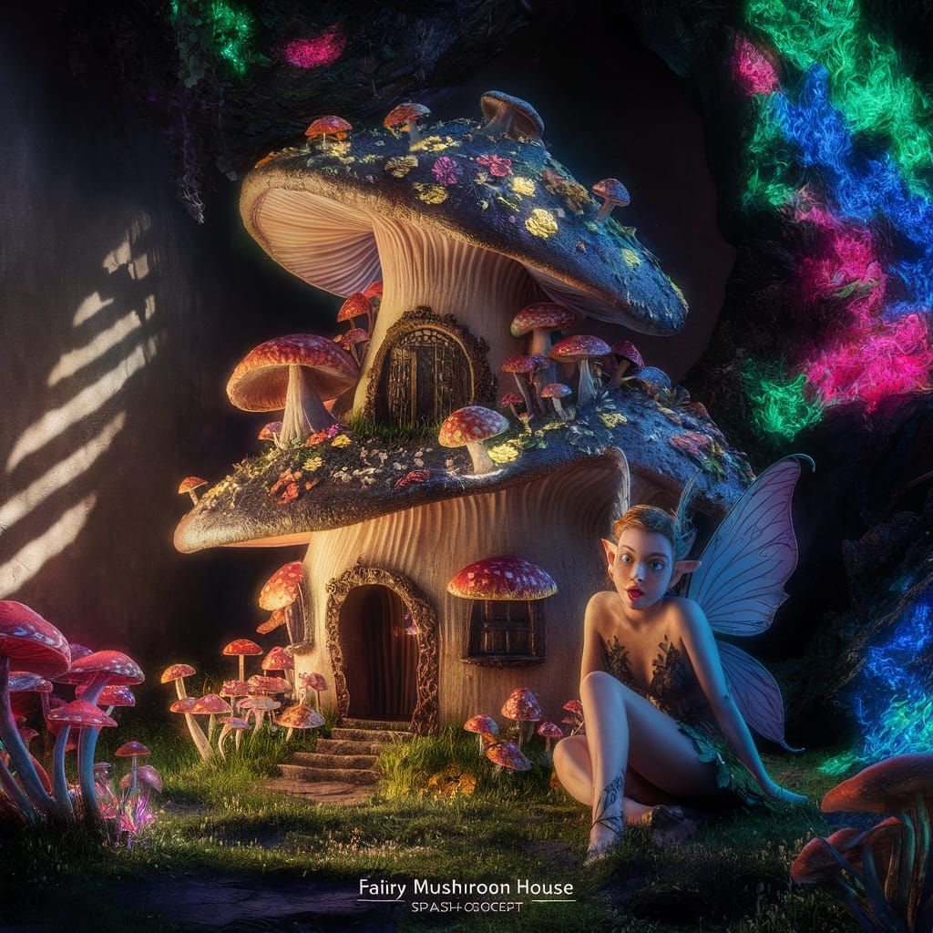 Fairy Mushroom House in Bioluminescent Forest Splash Art