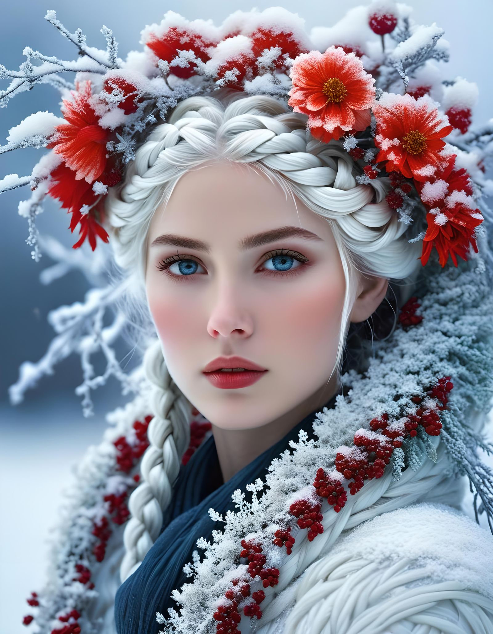 Sinister Portrait of Woman with Frozen Flowers