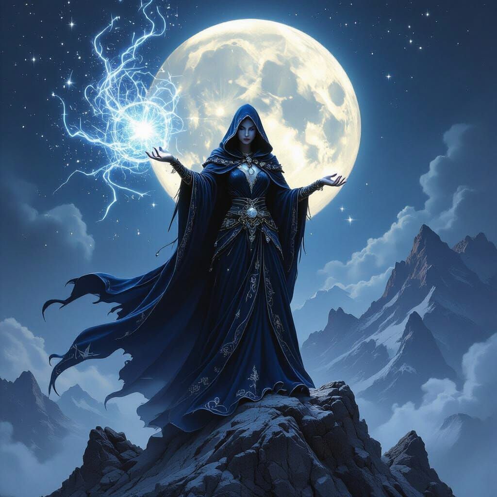Sorceress Conjures Arcane Storm on Mountain Peak