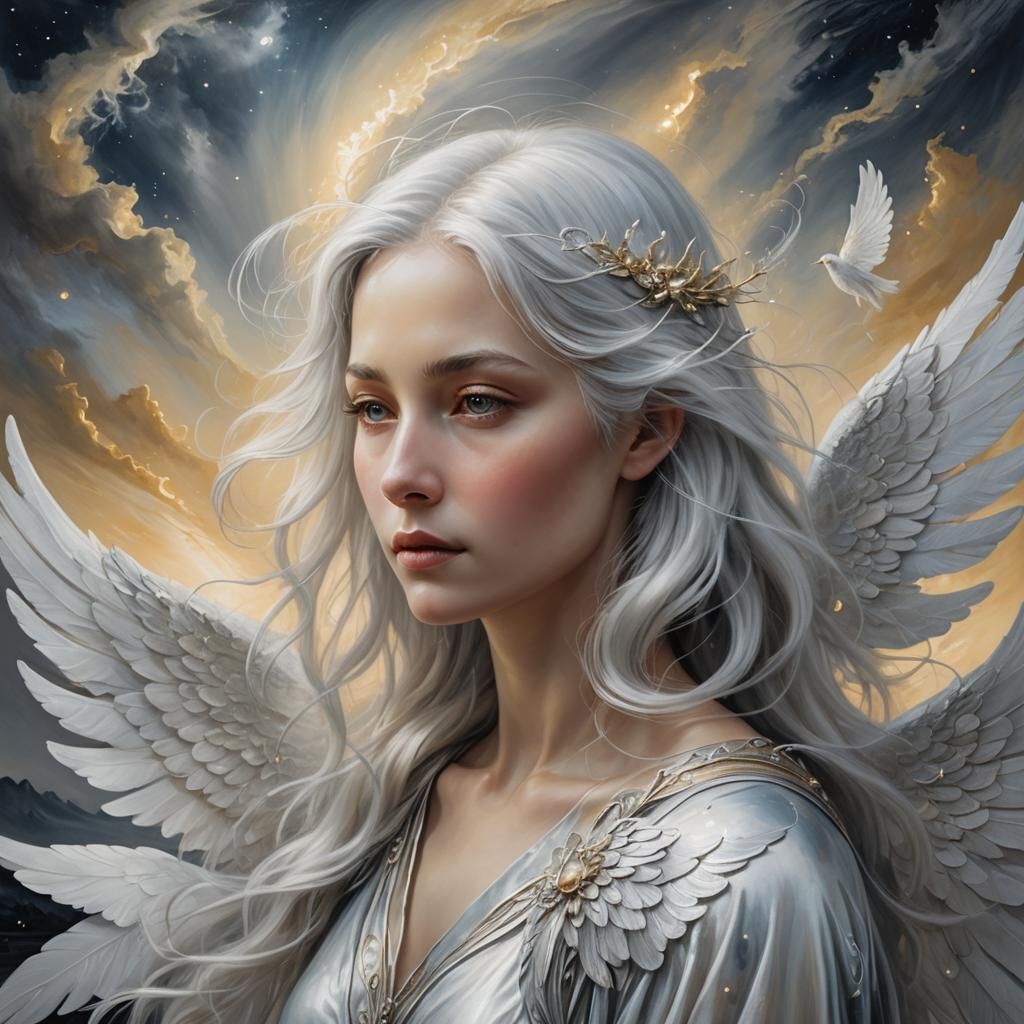 Mystical Figure with Silver Hair and White Wings
