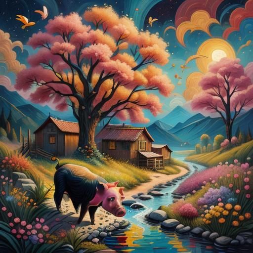 Patchwork Piglets in Surreal Folk Art Style