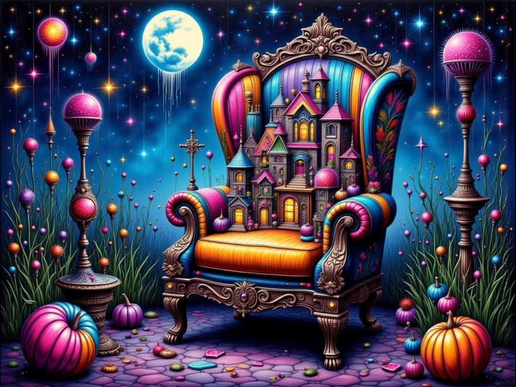 Surreal Punk Armchair with Fishing Villages and Melting Moon