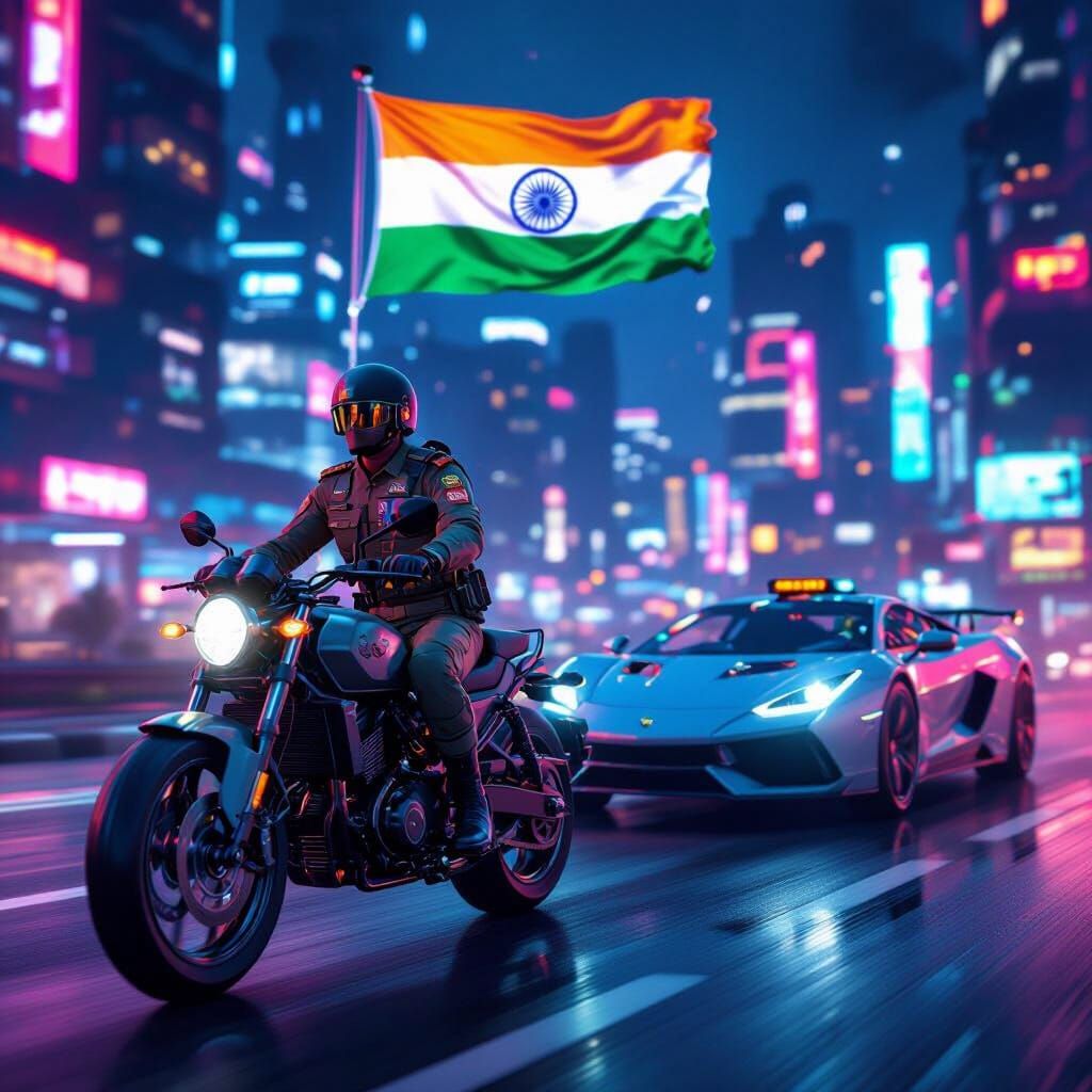 Indian Soldier Rides Motorcycle in Futuristic Neon City