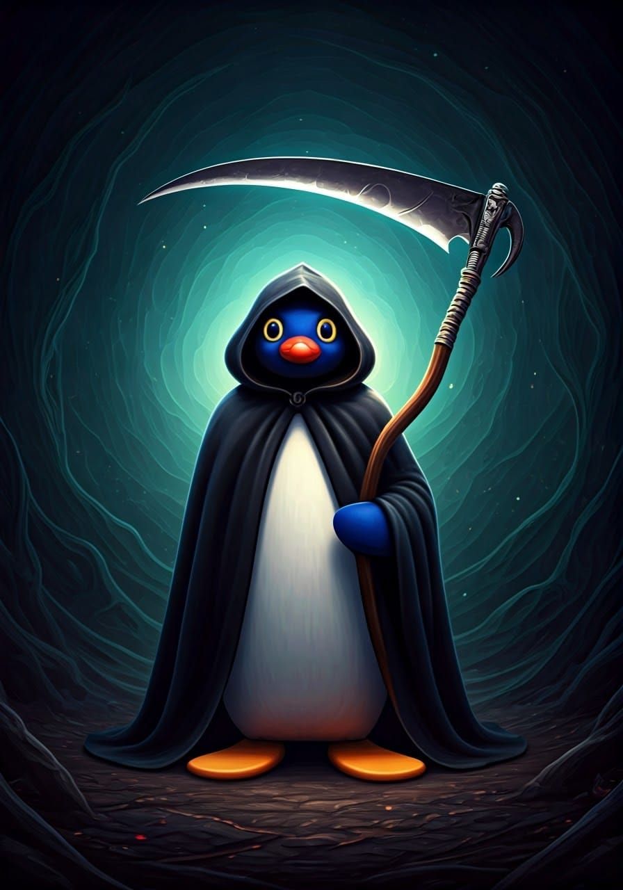 Pingu Penguin as Grim Reaper in Dream Landscape