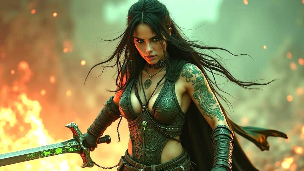 Epic Fantasy Warrior Mother in Vibrant, Burning Landscape