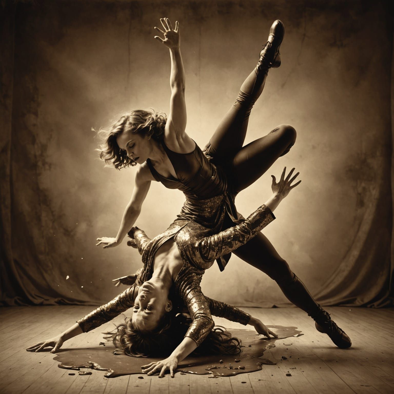 Dancing Contortionist and Animal in Vintage Sepia Style