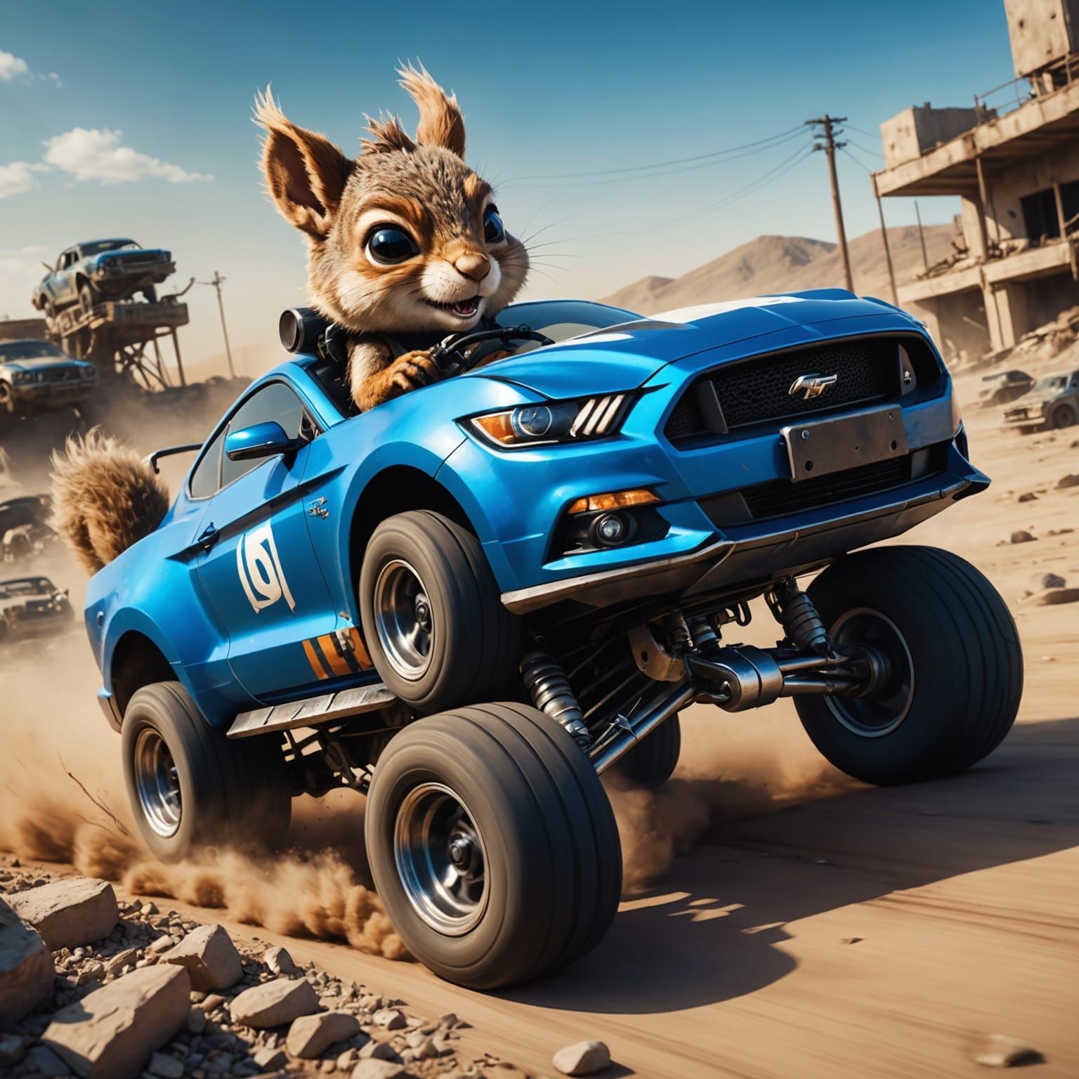 Mad Max Squirrel Races Mustang Tank in Comic Style