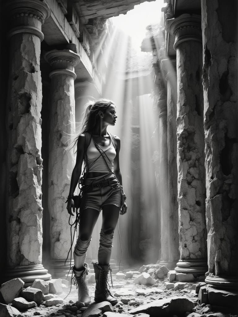 Cinematic B&W Painting of Archaeologist in Ancient Temple Ru...