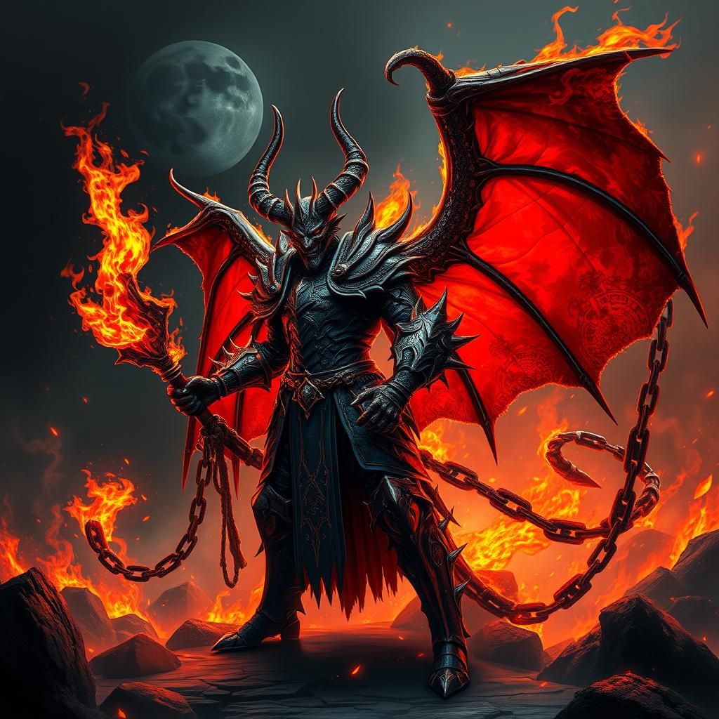 Fiery Demon Paladin with Flame Whip and Wings