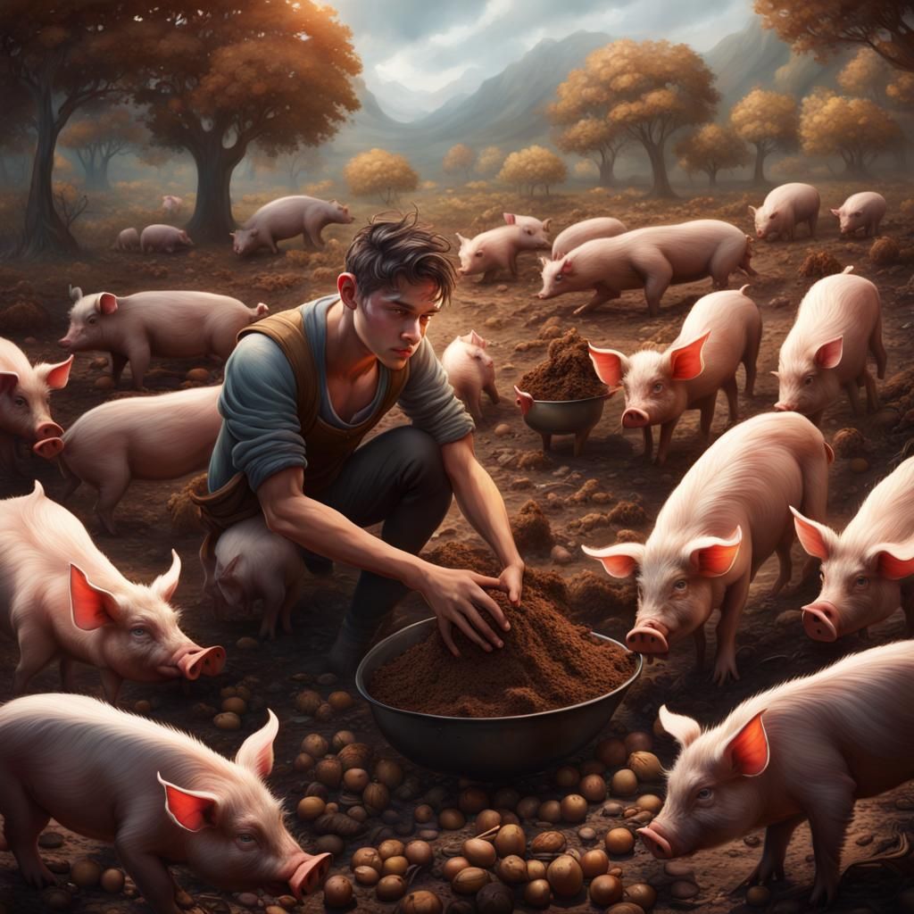 Young Man Gathers Food Amidst Hungry Pigs