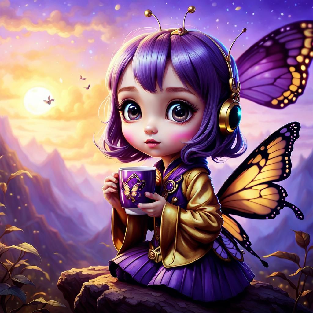 Butterfly girl enjoys her coffee