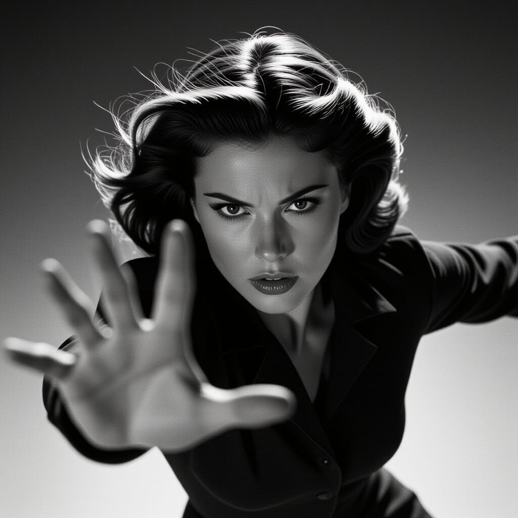 Dramatic Black and White Cinematic Portrait with Outstretche...