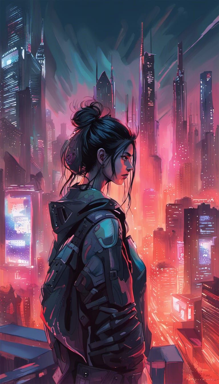 Gothic Horror Cyberpunk Cityscape in Vector Art