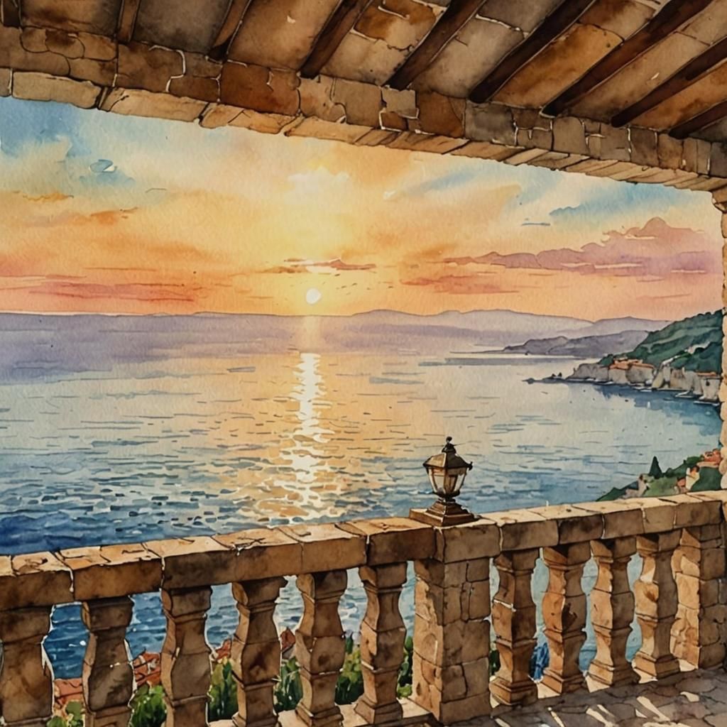 Adriatic Croatian Sunrise Watercolor Painting