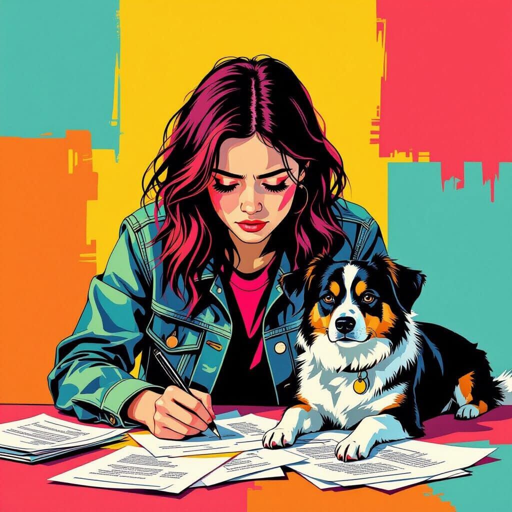 Distressed Student with Dog in Pop Art Style