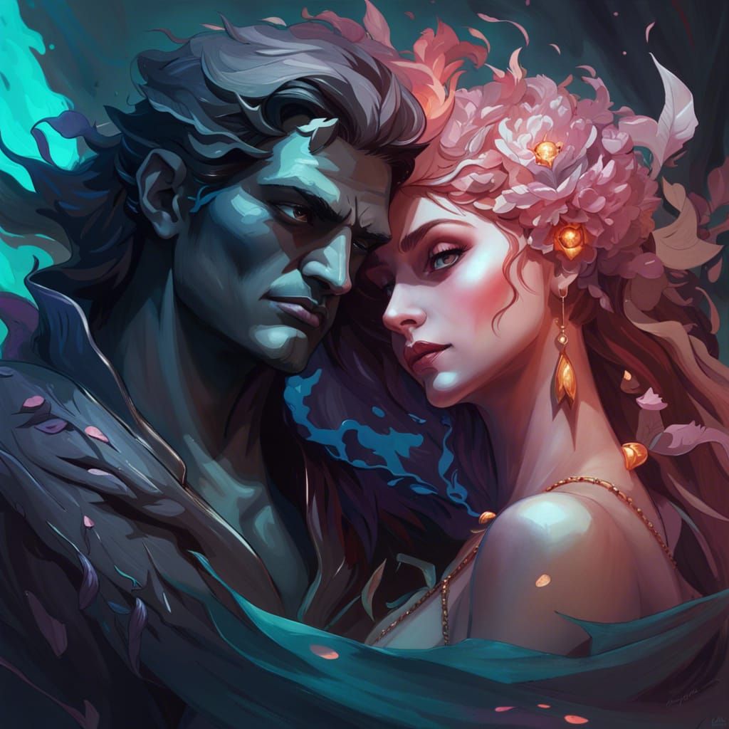 Hades and Persephone Portrait in Art Nouveau Style