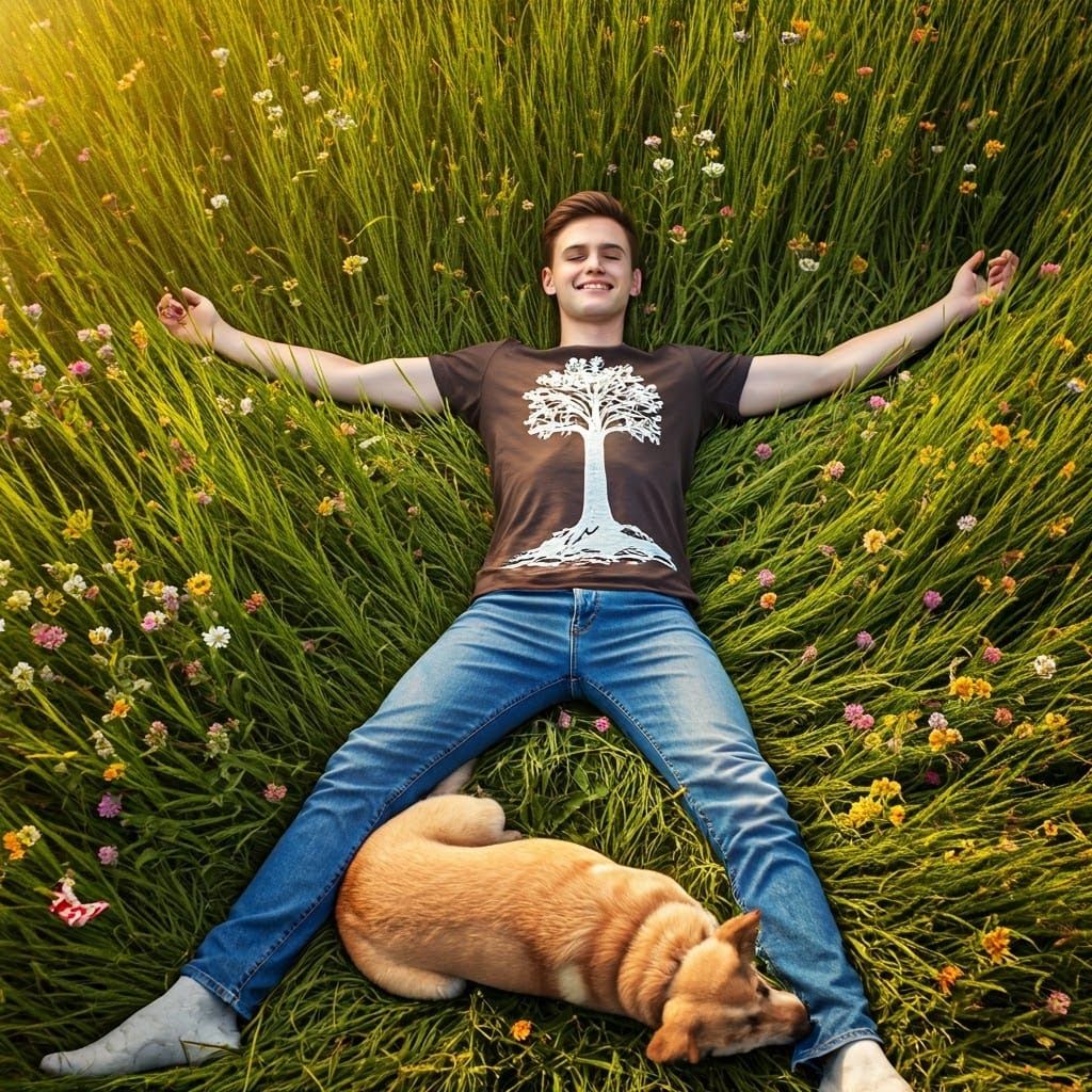 Happy Man with Dog in Meadow: Professional Photography