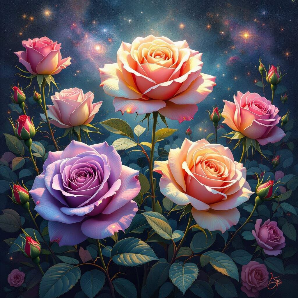 Cosmic Roses with Galaxies Within, Surreal Digital Painting