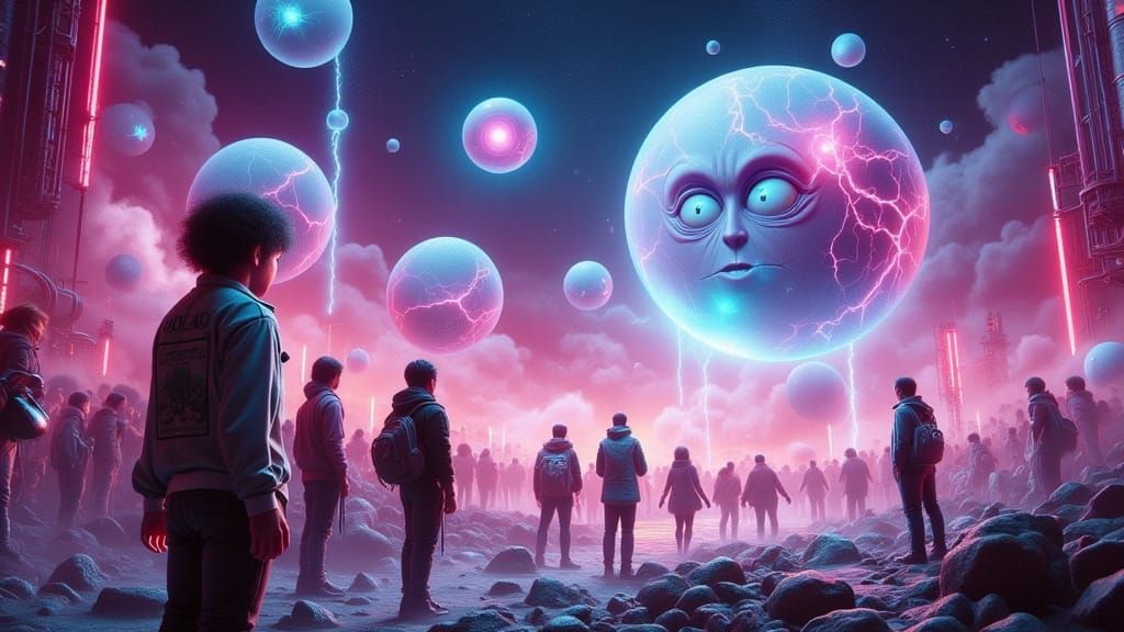 Astonished People Admiring Floating Orbs in Surreal Setting