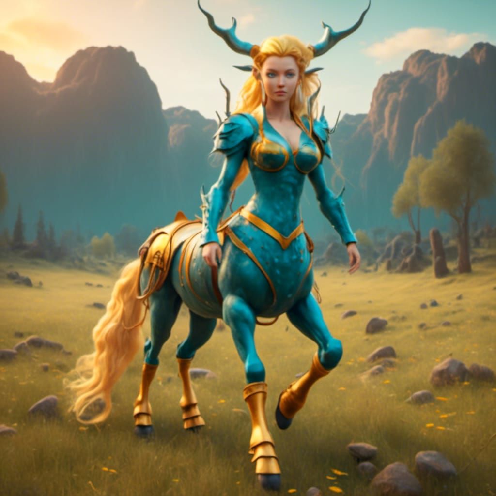 <lora:Centaur:1.0> Legendary female centaur with flowing blonde hair , in a mystical forest,