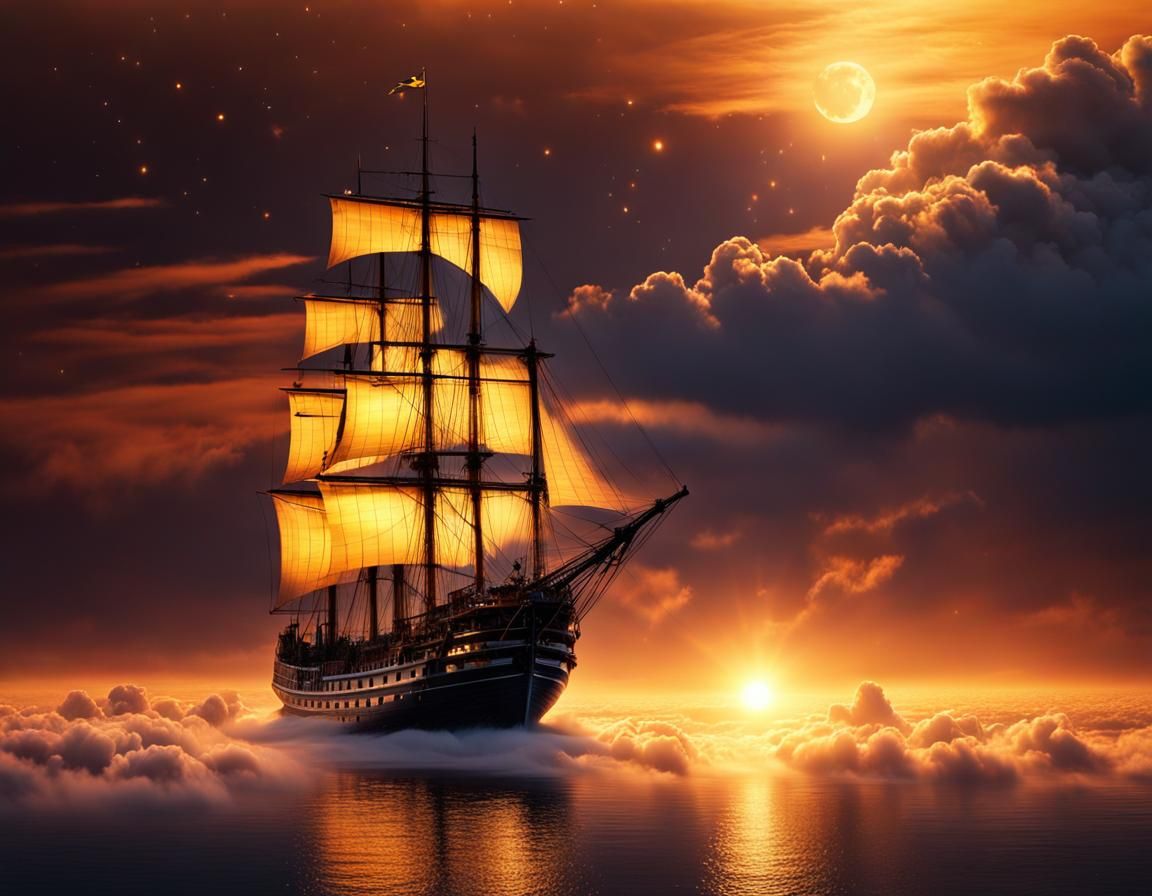 Mystical Ship Sparkling Above Clouds at Sunset