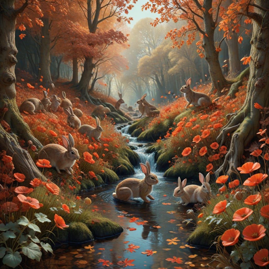 Autumn Forest Rabbits in Poppies