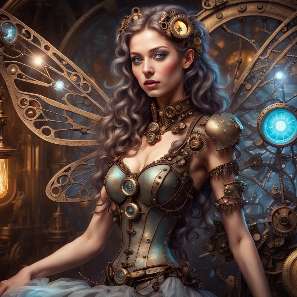 Steampunk Fairy on Clockwork Machine in Photorealistic Style