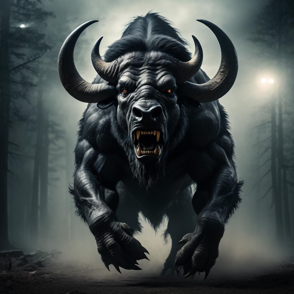 Terrifying Buffalo-Human Hybrid in Cinematic Style