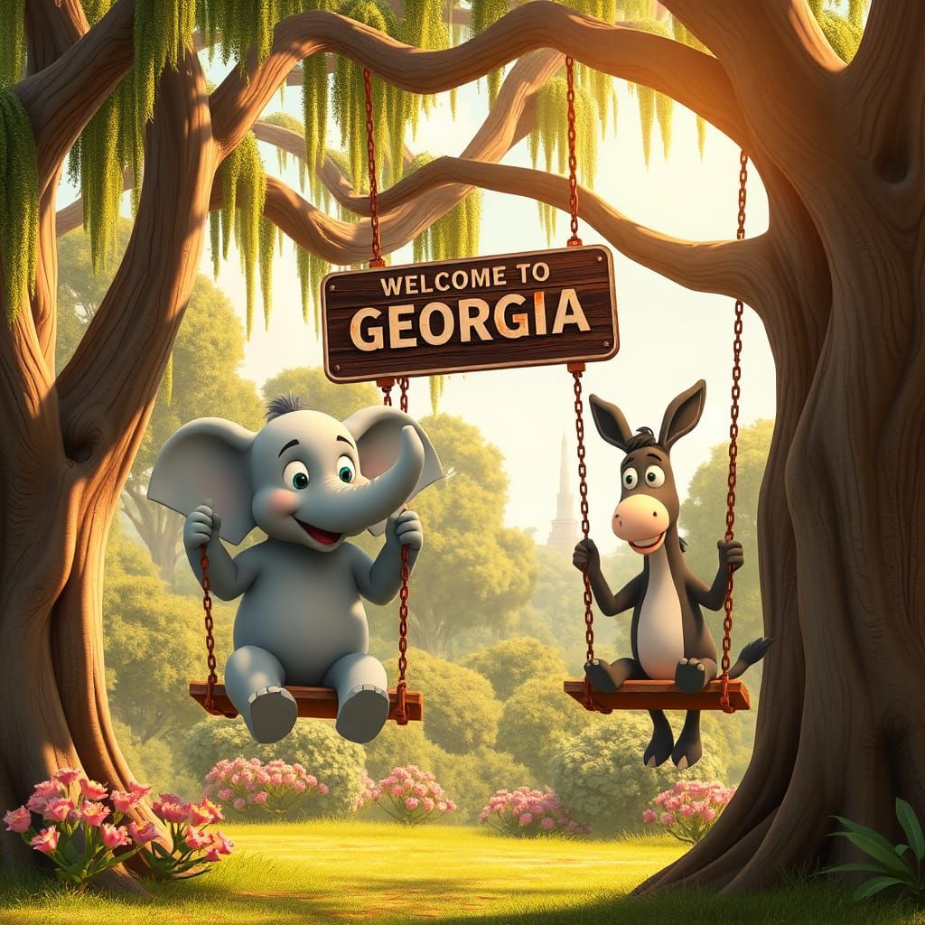 Happy Elephant and Donkey in Georgia, 3D Cartoon
