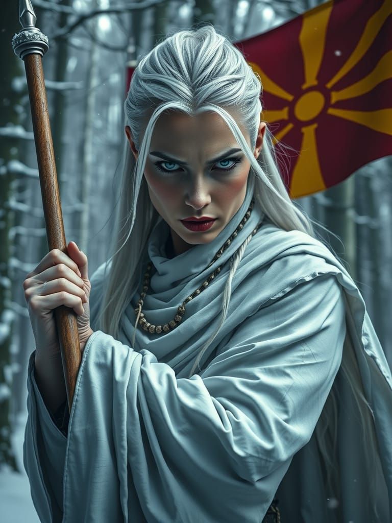 Scary White-Haired Warrior Waving Macedonian Flag in Snowy F...