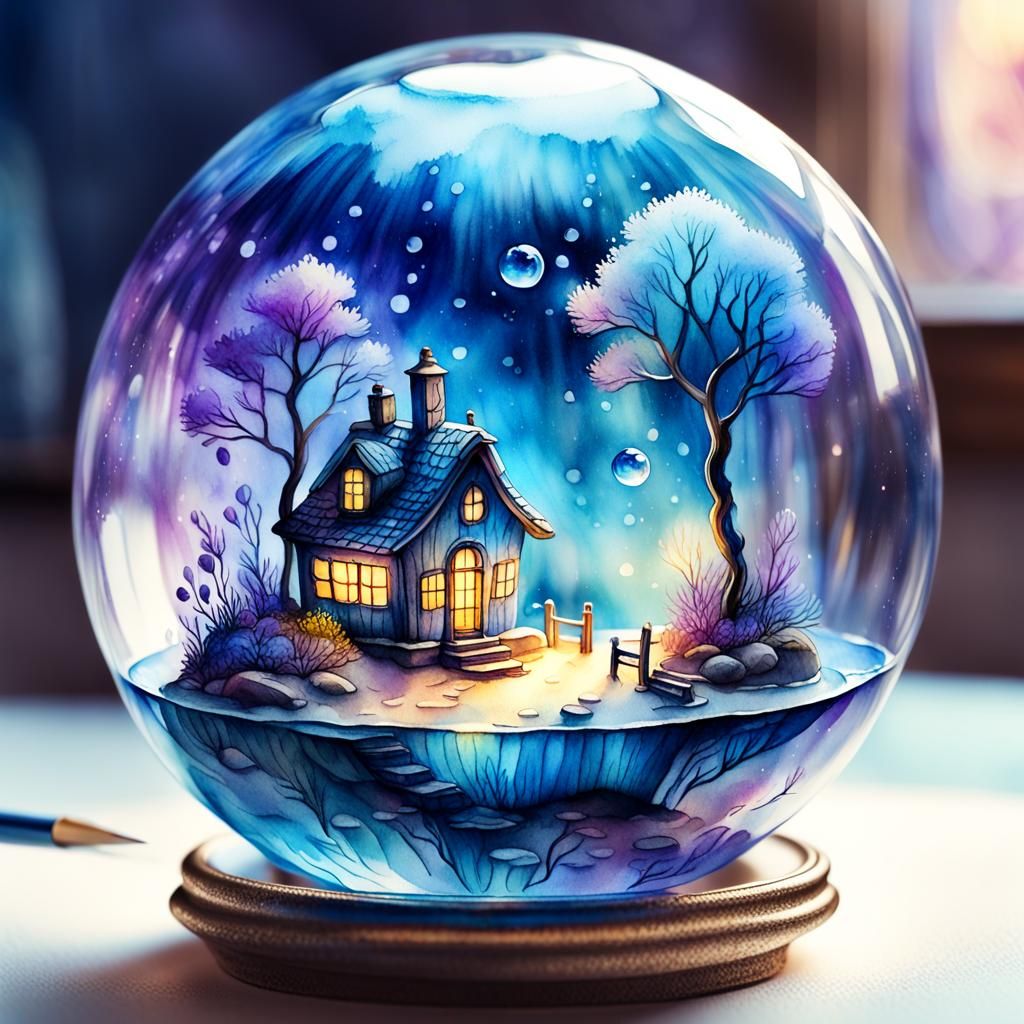 Miniature World in Glass Bulb, as Watercolor Sketch