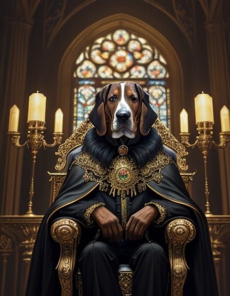 King Ludwick of Bassetania: Regal Basset Hound in Gothic Hal...