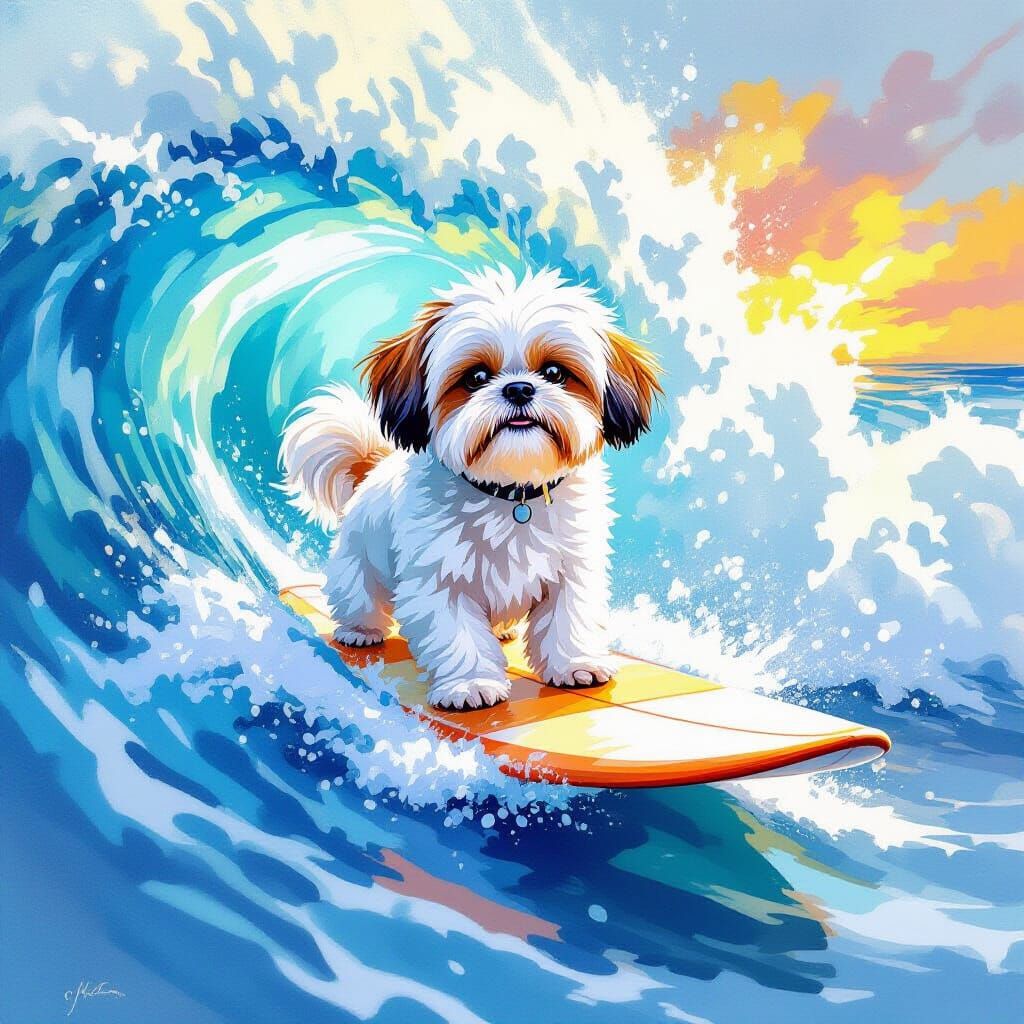 Shih Tzu Surfing Giant Wave in Watercolor Style
