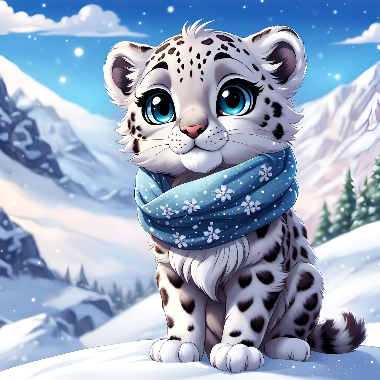 Adorable Snow Leopard in Anime Chibi Style