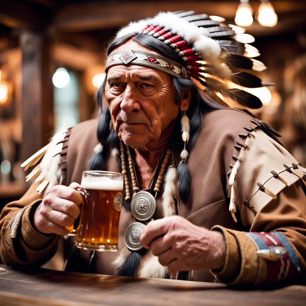 Native American Man Drinking Ale, Professional Photography