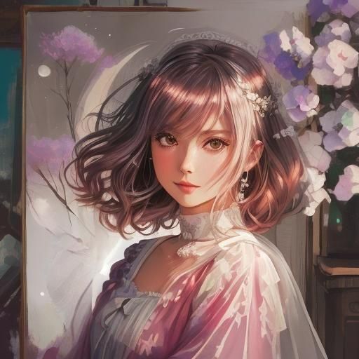 Anime Angel Portrait in Moonlit Oil Sketch Style