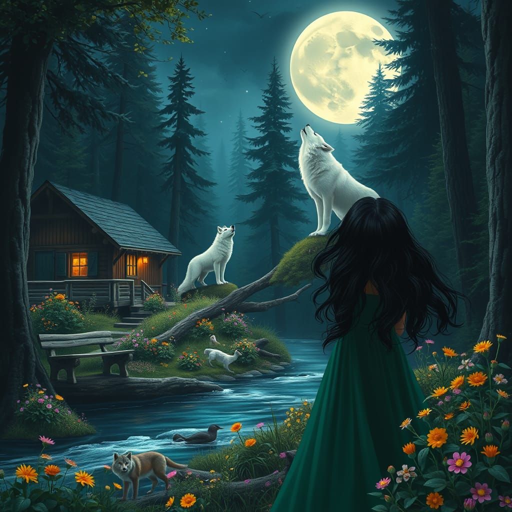Enchanting Moonlit Forest Cabin with Wolf and Woman